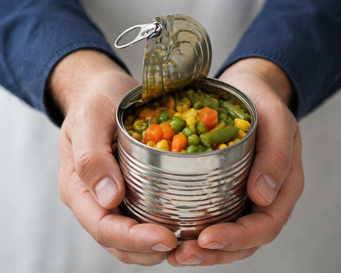 Hands holding an open food can filled with vegetables